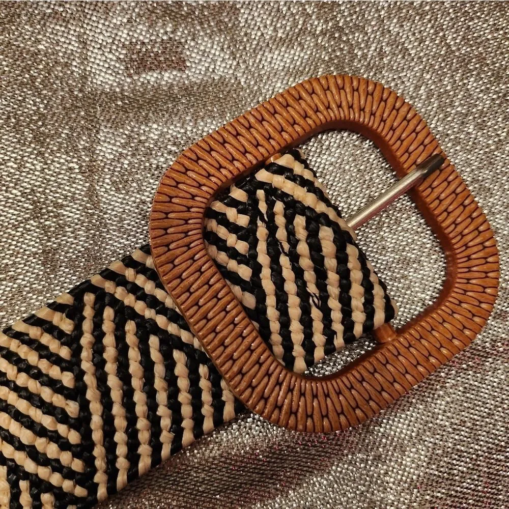Geometric Patterned Belt with Faux Wooden Buckle